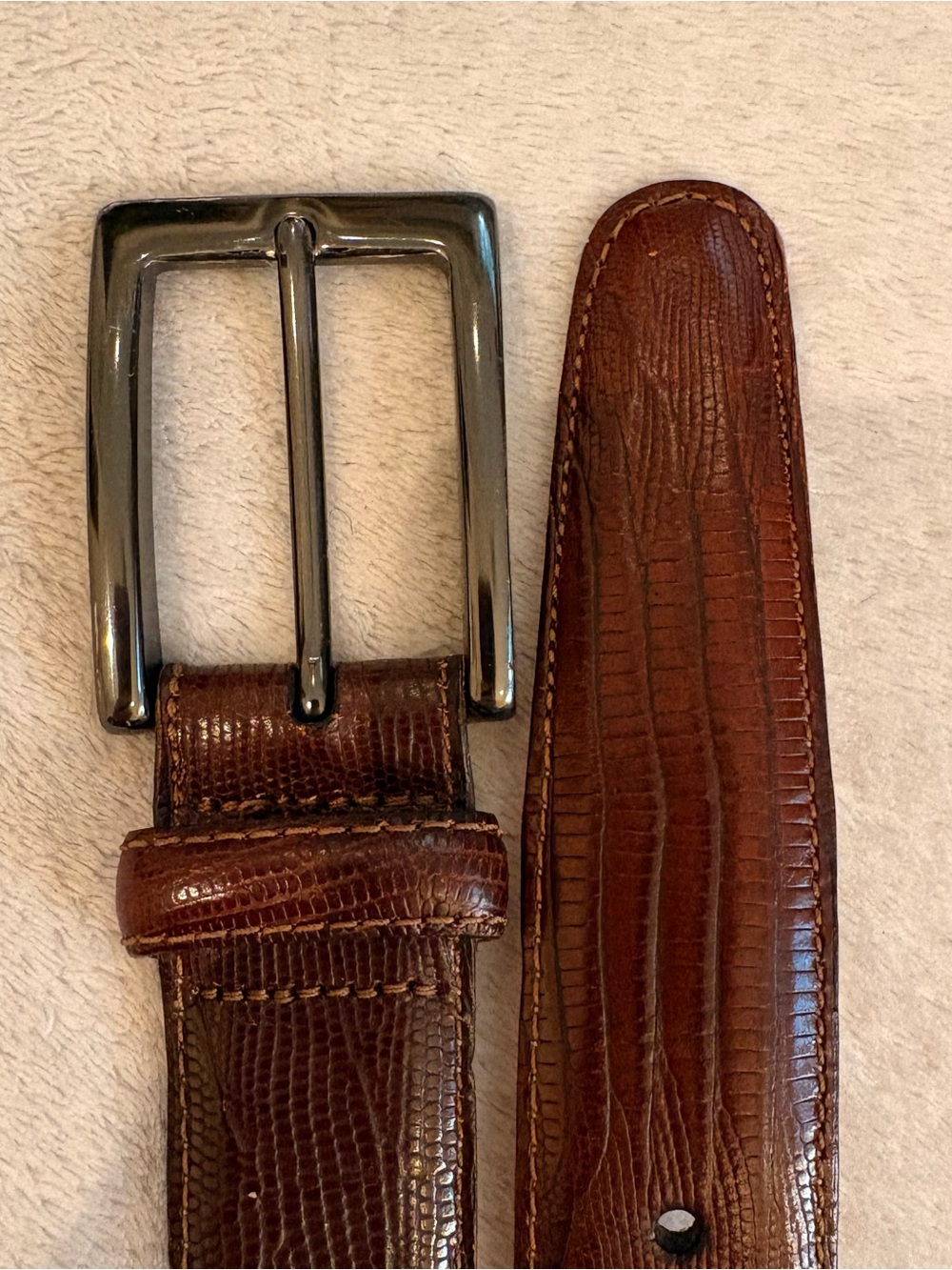 Martin Dingman Brown Lizard Skin Leather Belt Blackened Silver Buckle Sz 40